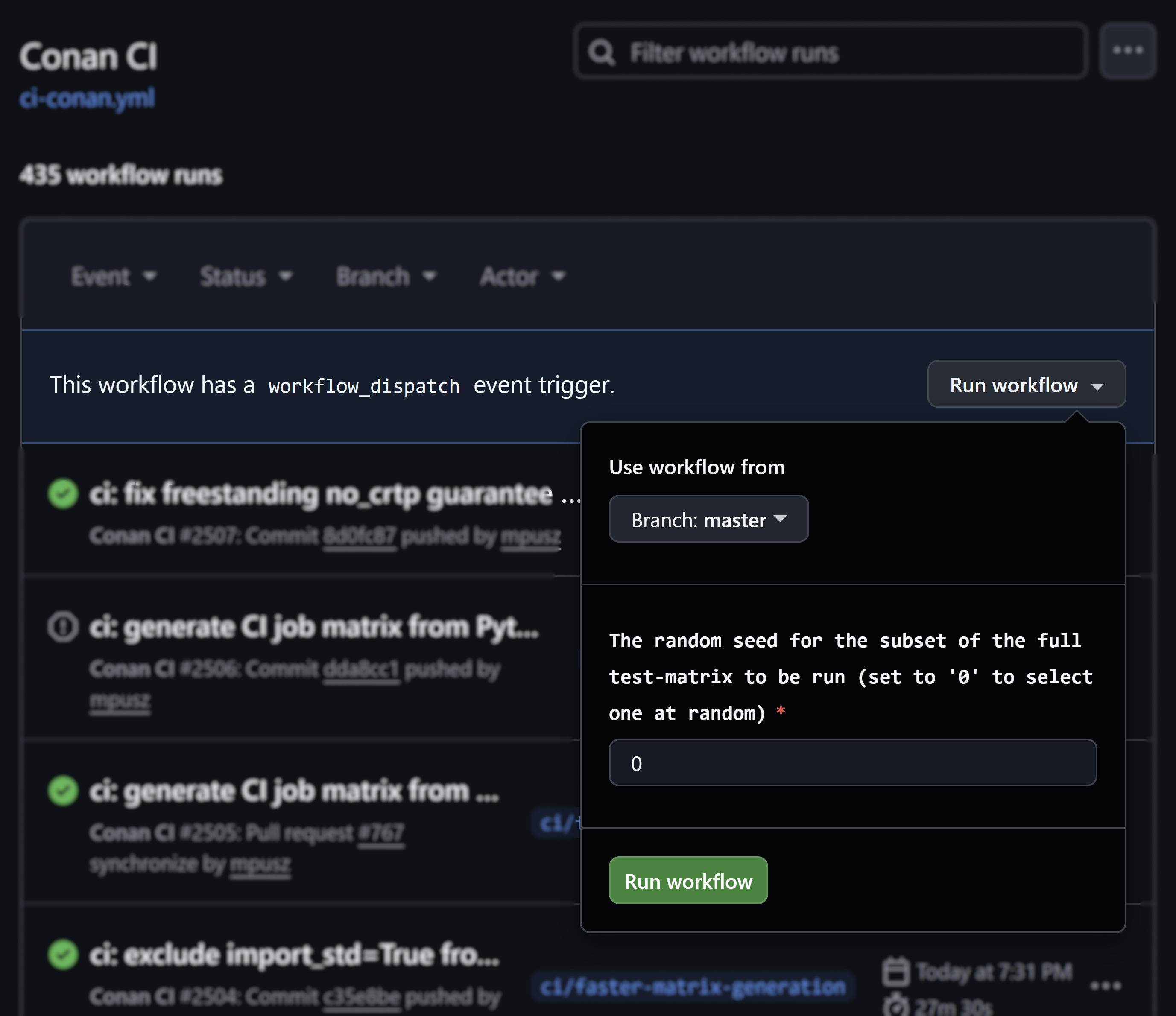 The Run workflow dialog with the matrix-seed input